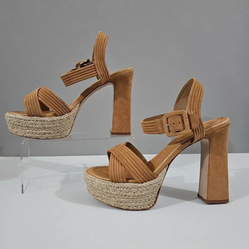 Schutz Blisse Platform Sandal Womens 10.5 Caramel Brown Suede Chunky Block Heel